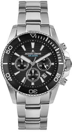 JACQUES LEMANS 1-2206 Herrklocka Liverpool Diver med silikonband och läderyta eller med metallband 44 mm kronograf 20 ATM