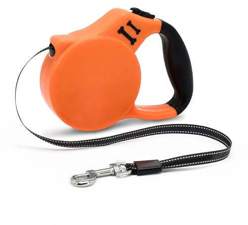 AIITLE Extendable Dog Lead 5m with Reflective Ribbon, One-Hand Control, Anti-Tangle Design, Durable Nylon Tape - Perfect for Medium Dogs Under 15kg (Camping, Jogging, Park Adventures), Orange