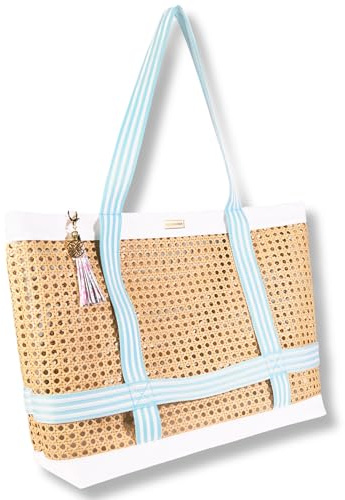 Lilly Pulitzer Large Travel Tote Bag with Hat Holder Strap, Caning Beach Bag with Tassel Keychain (Beachside Haven)
