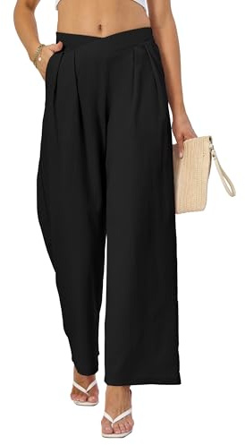 DGSHIRLDJO Pantalon Femme Elégant Pantalons Palazzo Taille en V avec Fermeture éclair Large Pantalon Fluide Femme avec Poches (FR/ES, Alpha/Lettres, XXL, Taille Normale, Taille Normale, Noir)