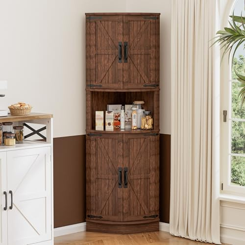 BonVache 165cm Tall Corner Storage Cabinet with Barn Doors, 5-Tier Tall Cupboards Cabinet for Living Room, 4 Wooden Doors and 5 Shelves, Space Saving Freestanding Sideboard for Home, Kitchen,Brown