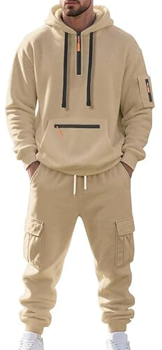 MEDUOLA Survêtement Homme Hiver Veste à Zip avec Capuche Pantalon Jogging à Poche Ensemble 2 Pièces Chaud et Confortable (XL,Kaki)