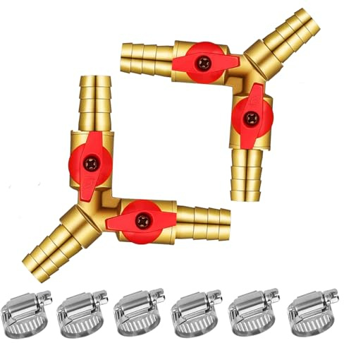2 Stück Messing 3 Wege Ventil Splitter Schlauchverbinder, Kugelhahn, 12MM, T-Schlauchverbinder für Tischlerarmatur Luft Wasser Gas (12MM)