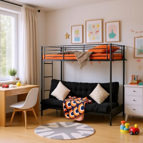 Meuble Cosy Lit Mezzanine avec Banquette Convertible et Sommier à Lattes en métal, n'inclut Pas de Futon, Cadres de Lit 90x190cm pour Enfant, Noir