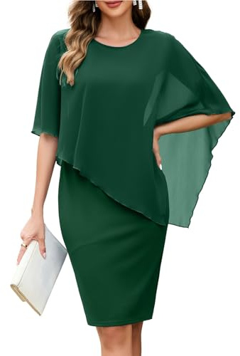MISSJOY Women Summer Formal Crew Neck Sheer Chiffon Dress Dark Green Medium