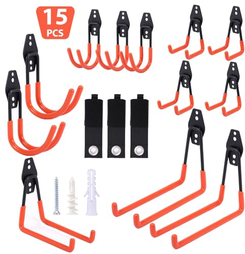 Thryvix 15 Pezzi Ganci da Parete Heavy Duty per Garage e Officina,Multiuso per Scale e Attrezzi Giardinaggio,Acciaio Legato con Rivestimento Antiscivolo,Installazione su Gesso o Legno