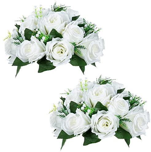 NUPTIO Pcs of 2 Fake Flower Ball Arrangement Bouquet,15 Heads Plastic Roses with Base, Suitable for Our Store's Wedding Centerpiece Flower Rack for Parties Valentine's Day Home Décor (Pure White)
