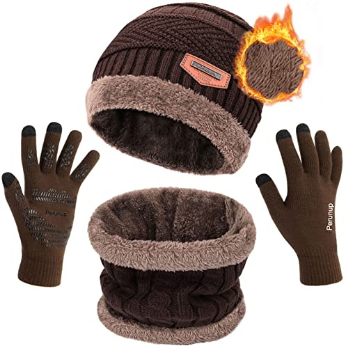 Petrunup Chapeau Homme et Femme Hiver, 2/3 PCS Ensemble Bonnet Echarpe Doublé Polaire Chaude Tricot, Gant Tactile Accessoire Ski pour Sports de Plein Air et Quotidien