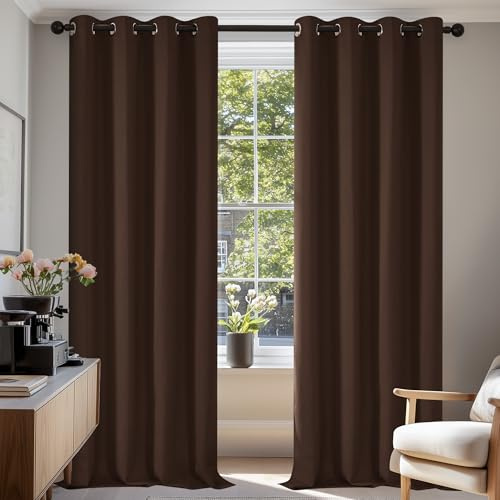 Deconovo Solid Ring Top Curtains Thermal Insulated Blackout Curtains for Kids Bedroom Eyelets 55x79 Inch Two Panels Dark Mocha