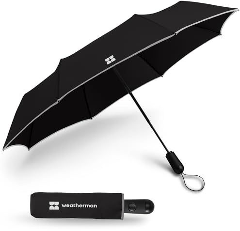 Weatherman Premium Small Compact Mini Umbrella for Travel - Windproof, Compact, Easy Auto Open - Resists Up to 45 MPH Winds - Perfect for Rain, Wind, Backpack, Car - Folding Umbrella, Strong Fiberglass Frame (Black)