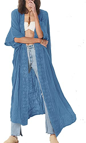 YouKD Vestido largo de estilo bohemio para mujer, kimono tipo caftán, talla grande, ropa de playa para traje de baño, A azul, Altoa única