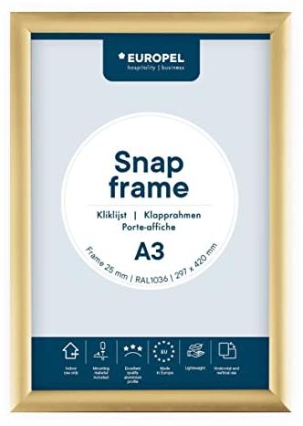 Europel leichte Klapprahmen DIN A3, Easy-Click System, Profil 25x11 mm, Farbe Gold, eloxierte Aluminium und blendfreie Schutzfolie, Außenmaß 328x451 mm, grau Polystyrol Rückseite