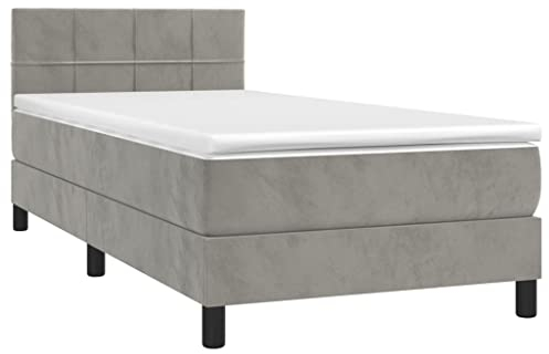 vidaXL Boxspringbett mit Matratze LED Polsterbett Bett Einzelbett Bettrahmen Bettgestell Lattenrost Schlafzimmerbett Hotelbett Hellgrau 100x200cm Samt