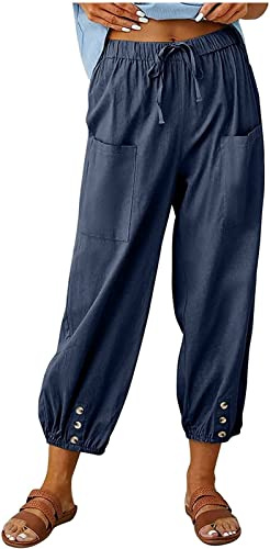 ASKSA Pantalon 7/8 Femme Été Lin Ample Longueur Pants Cordon pour Décontracté à Jambes Léger en avec Poches (Bleu Marine,XXL)