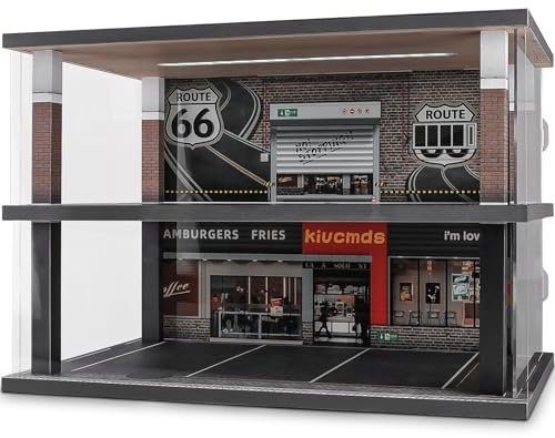kivcmds 1:24 Scale Car Model Display Case with Parking Lot Scene for Car Model Toys and Lego, Display Stand for Alloy Car Model Toys with Light and Dust Cover (Fast Food Shop Parking Lot)