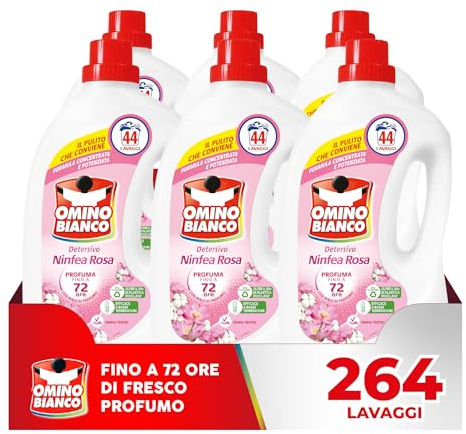 Omino Bianco - Detersivo Lavatrice Liquido, 264 Lavaggi, Rispetta Colori e Tessuti, Fresco Profumo di Ninfea Rosa, 1760 ml x 6 Confezioni