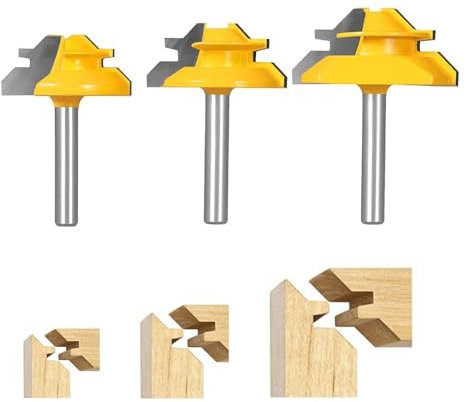 TOEVER 1/4 Inch Shank Router Bit，45 Degree Lock Miter Router Bit , for 31/64, 37/64,3/4 Cutting Height,3-Piece Joint Router Bits, Wood Milling Cutter Glue Joint Tools Set(3PCS 1/4 Shank)