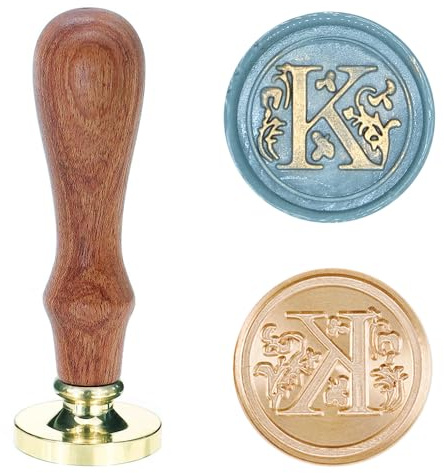 Poemluve sigillstämpel med bokstäver A-Z 25mm vintage vax sigill stämpel set med trähandtag för presenter, förpackning, gratulationskort, inbjudningar, DIY (bokstav K)