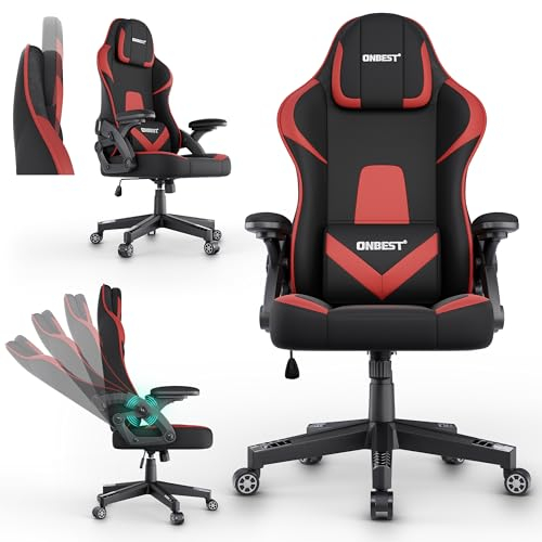 Onbest Premium Gaming Stuhl ergonomisch – verstellbares Nackenkissen – Lordosen Kissen – 360° Universal-Rollen – 150 kg Belastbarkeit – Stoffbezug – Armlehnen gepolstert – Gamingsessel (Rot)