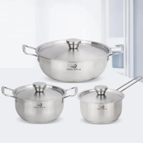 POSH WAVE 3 Pcs Stainless Steel Pots and Pans Set - Stainless Steel Lids, Anti-Scalding Handles & steam Holes - Saucepan Set - Cookware Set Compatible with Induction, Gas and Electric Hobs