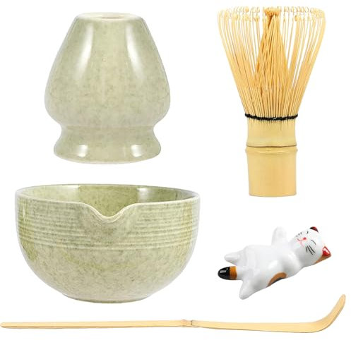 CSLGDMAI 5Pcs Matcha Tea Set,Bamboo Matcha Whisk Set with Scoop and Ceramic Whisk Holder, 500ml Pouring Spout Bowl, with a Cat-Shaped Tea Rest,Japanese Matcha Kit for Beginners and Tea Lovers
