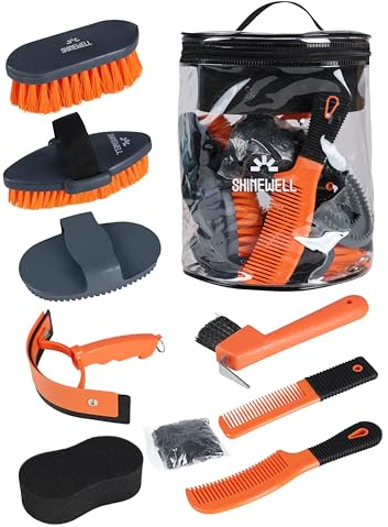Shinewell Horse Grooming Brushes Kit 8 pieces with Organizer Bag Horse Grooming Care Series Horse Brush Sets Orange