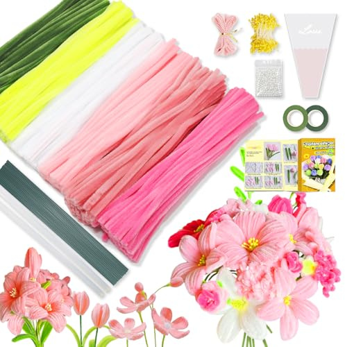 iDattel Pfeifenreiniger blumen set,Pfeifenreiniger zum Basteln 500 Stück in 6 Farben,Pfeifenreiniger blumen Mit Blumenstöcke,Klebebandrollen,Klebestifte,Anleitungen,Staubgefäße,Lidschatten(Rosa)