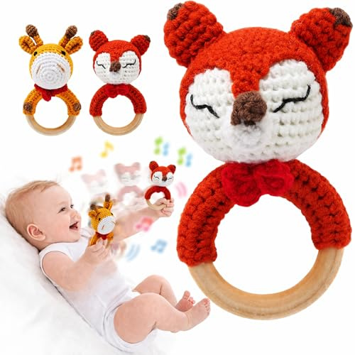 Joylife Sonaglio in legno per bambini, realizzato a mano all'uncinetto con anello di dentizione in legno, giocattolo per neonati, sonaglio organico per annunci per bambini, puntelli volpe rossa