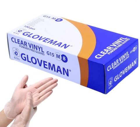 HOUSE OF TAPES Clear Vinyl Gloves Medium, Powder Free, Latex Free, Disposable, Beaded Cuff – Box of 100 + HOT Logo Sticker