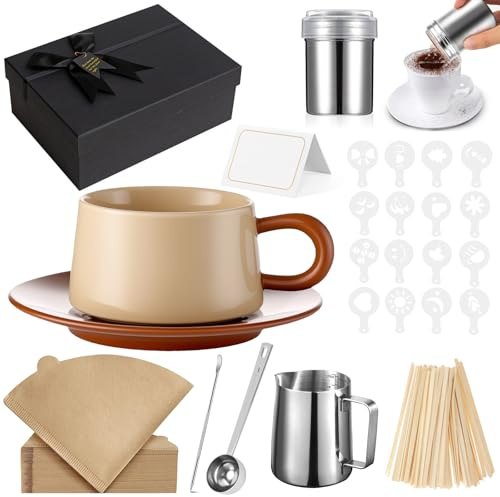 Barista mjölkkanna 350 ml med kaffe konst penna, 100 kaffefilterpapper, kakaoströ med 16 tryckformar, 250 ml kaffekopp-set med tallrik, för födelsedagspresent, kaffeälskare