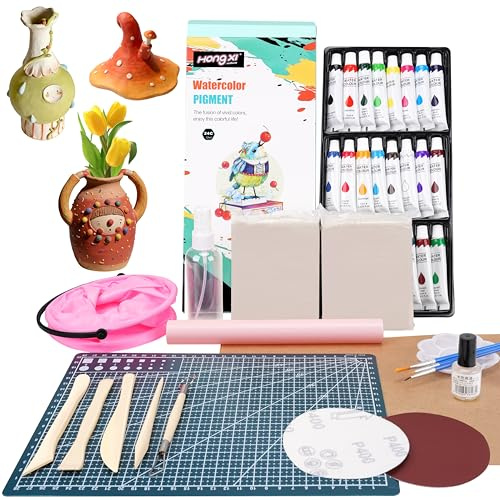 JelyArt Lufttrocknender Ton Töpferset für Erwachsene – Weißer Ton (2x 500g) mit 24 Acrylfarben Komplettes DIY Keramik Set – Kreatives Bastelset für Zuhause