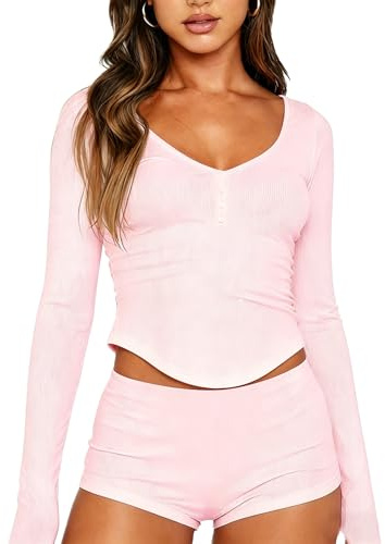 Dressmine Pyjama Set Top Shorts Women Cute Pjs Long Sleeve Two Piece Button Comfy Sleepwear Sexy Soft Cropped Pajamas Pink