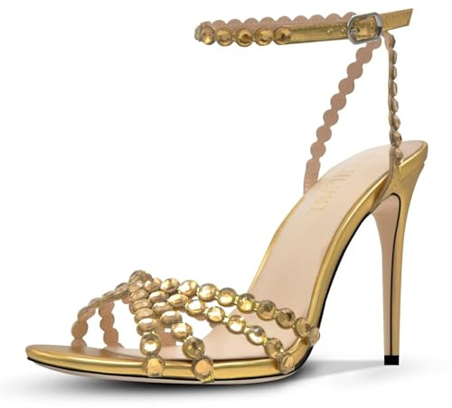 HOCHFART Strappy Heels Rhinestone High Stiletto Heels for Women Strappy Heels Round Toe Sexy Dressy Pumps Sandals, Gold, Size 6.5
