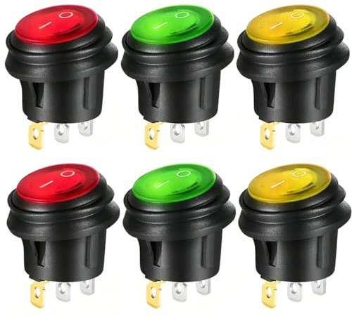 Gebildet 6pcs 12V-24VDC/20A Waterproof Round Rocker Toggle Switch with LED Indicator, 3 Pin SPST ON-OFF Triangle Plug Switch for Car Truck Motorcycle Boat Marine (Red Yellow Green)