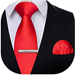 HISDERN Krawatte für Herren Rot - Krawatte mit Einstecktuch Krawattenklammer Hochzeit Einfarbig Seide Krawatten und Taschentuch Set für Männer
