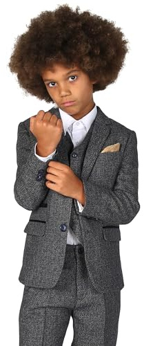 Boys Tweed Textured Retro Suit Tailored Fit 3 Piece Wedding Outfit Set in Navy Blue & Grey, Age 8 Years