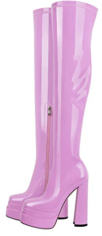 Only maker Bottes au-dessus du genou pour femmes avec talon bloc plateau - Bottes stretch - Aspect laqué - Rose - 43 EU