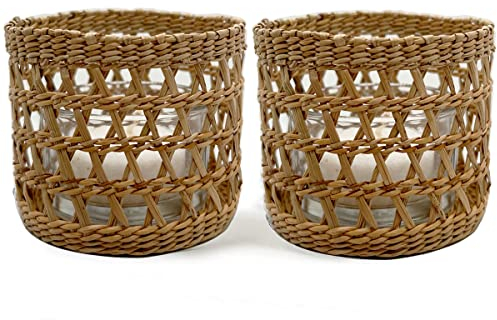 Lot de 2 bougeoirs en rotin naturel tissé - Décoration rustique vintage en jonc de mer pour table à manger, cuisine, plateau de service