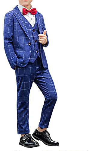 Completi da Bambino,Abito Formale Scozzese da Ragazzo 5 Pezzi Gentleman Smoking Abiti Bambini e Ragazzi Abiti con Giacca e Pantaloni da Cerimonia Matrimonio Battesimo Abbigliamento Set 13-14 anni