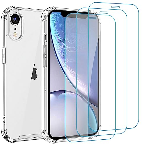 Whioltl Case for iPhone XR with [3 Pack] Tempered Glass Screen Protectors, Crystal Clear Phone Cover, Anti-Scratch and Shock-Absorption, Transparent Basic Case Compatible with Wireless Charger-4 in 1