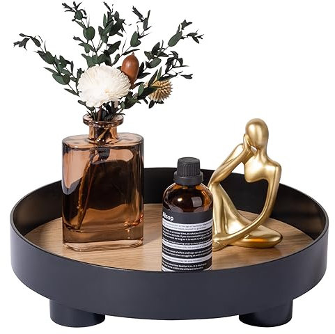 Round Decorative Vanity Tray, Bathroom Perfume Trays Circle Pedestal Stand Wood Riser for Display Decor Dresser, Black
