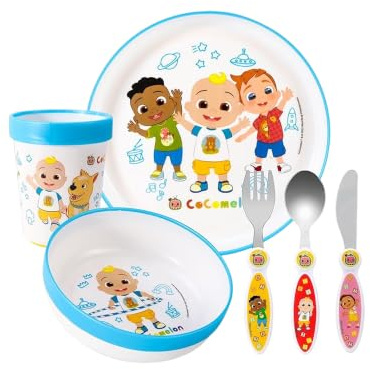 Cocomelon Kids 6 Piece Reusable Dinner Set - Cup, Bowl, Plate & Cutlery | Lightweight & Kid-Friendly Dinnerware Set Includes Knife, Fork & Spoon, Plastic Tableware Set | Easy to Hold Design
