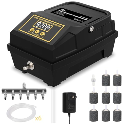AQQA Aquarium Air Pump,Outdoor Powerful Pond Oxygen Pump,Battery Powered 6 Outlets Fish Tank Aerator,18W Adjustable Aquarium Oxygen Pump,with Accessories,Up to 4500L