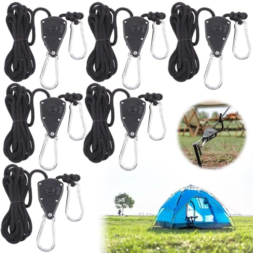 6 Stück 1/8 Zoll 2.4M Ratchet Hanger, Abspannseile Seil mit Seilspanner, Einstellbare Seil Ratsche Rope Seilratsche mit Haken für Grow Light Armaturen Pflanzenlampe Gartenarbeit (6)