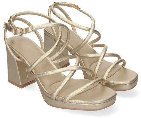 shoes&blues.es 85138 Sandalia de Tacon para Mujer, Comoda, con Tiras en el Empeine, y Cierre de Hebilla, Ideales para Primavera Verano. Oro Talla 38