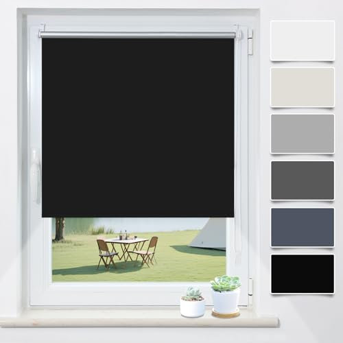 Verdunklungsrollo Klemmfix ohne Bohren Schwarz B95 x H130cm(Stoffbreite 90cm) Rollos für Fenster ohne Bohren Thermo Rollo Verdunkelung Klemmrollo Thermorollo Seitenzugrollo Sonnen- & Hitzeschutz