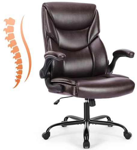 Sweetcrispy Chefsessel PU Leder Bürostuhl Ergonomisch, Schreibtischstuhl mit Armlehnen, Ergonomischer Computerstuhl mit Hoher Rückenlehne, Gaming PC Drehstuhl für Arbeit Ruhe, Dunkel Braun