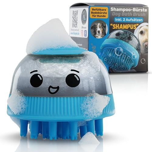 BluePet Befüllbare Badebürste für Hundeshampoo I Einmassieren von Shampoo & anregende Massage I Entferne Schmutz & loses Fell I Inkl. 2x Aufsätze (Weich + Fest) für alle Rassen & Fellarten