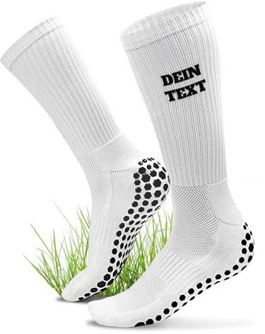 Fussball Grip Socken mit Wunschtext bestickt - Personalisierte Fußballsocken als außergewöhnliche Geschenkidee (Weiß)