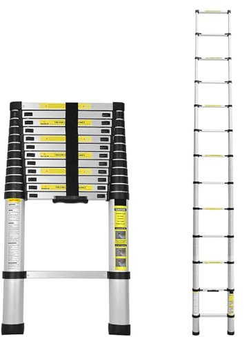 Cecaylie Échelle télescopique de 3,8 m - en Aluminium - Extensible - avec Pieds antidérapants - Multifonction - pour Grenier - Portable - Légère - Charge maximale : 150 kg